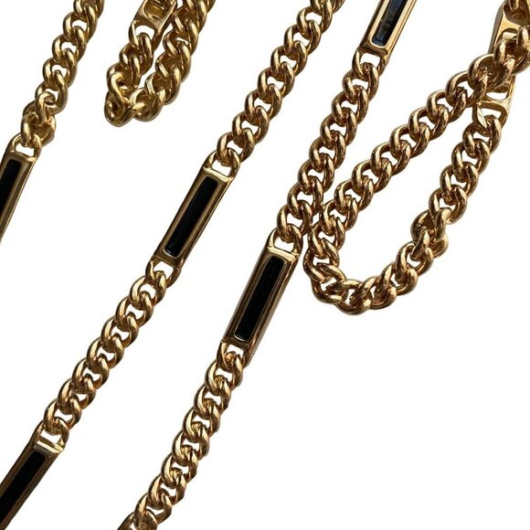 Two Vintage Thick Gold Tone Chain Necklaces Black Rectangular Bars Mod Chunky - Picture 6 of 7